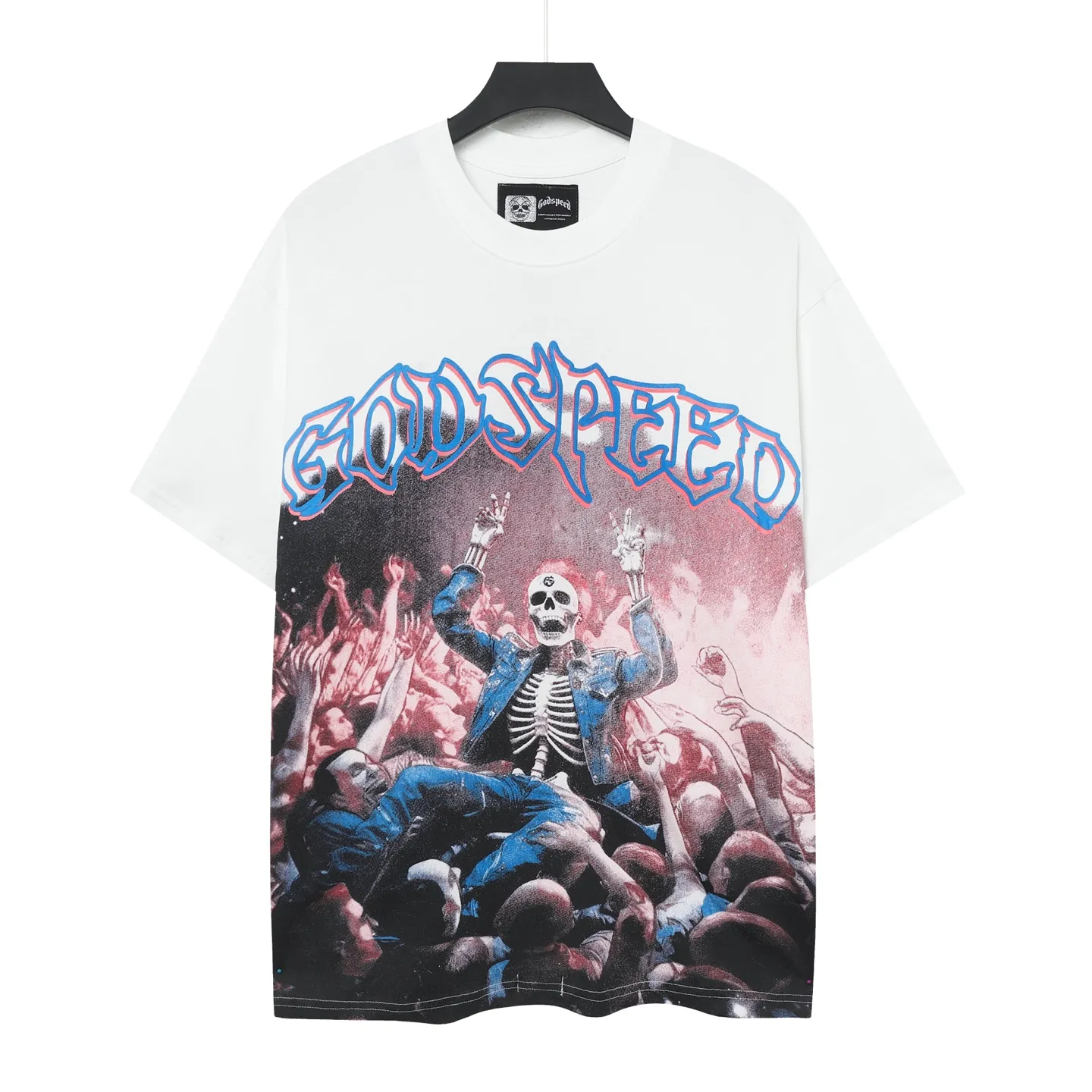 5058#｜P104 Godspeed cross-border American rock and roll street washed retro style short-sleeved T (craft printing) fabric (fabric): 32 count combed double yarn 240 grams weight code number (size): S-M-L-XL color (colour): white