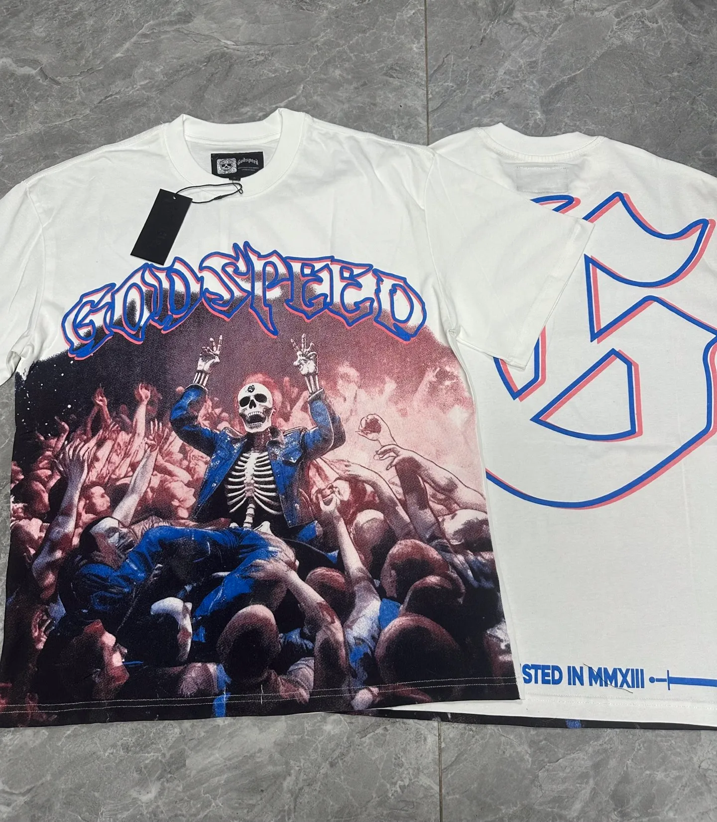 5058#｜P104 Godspeed cross-border American rock and roll street washed retro style short-sleeved T (craft printing) fabric (fabric): 32 count combed double yarn 240 grams weight code number (size): S-M-L-XL color (colour): white