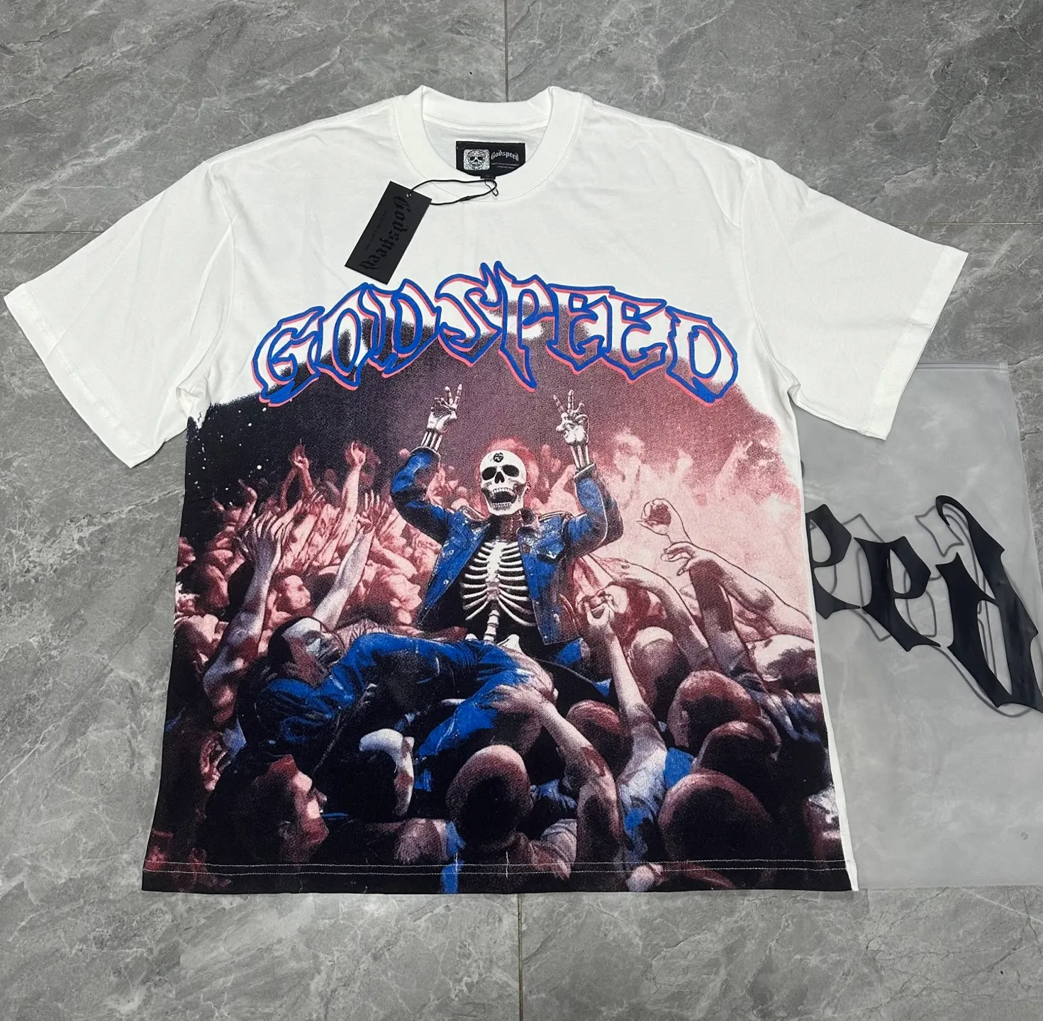 5058#｜P104 Godspeed cross-border American rock and roll street washed retro style short-sleeved T (craft printing) fabric (fabric): 32 count combed double yarn 240 grams weight code number (size): S-M-L-XL color (colour): white