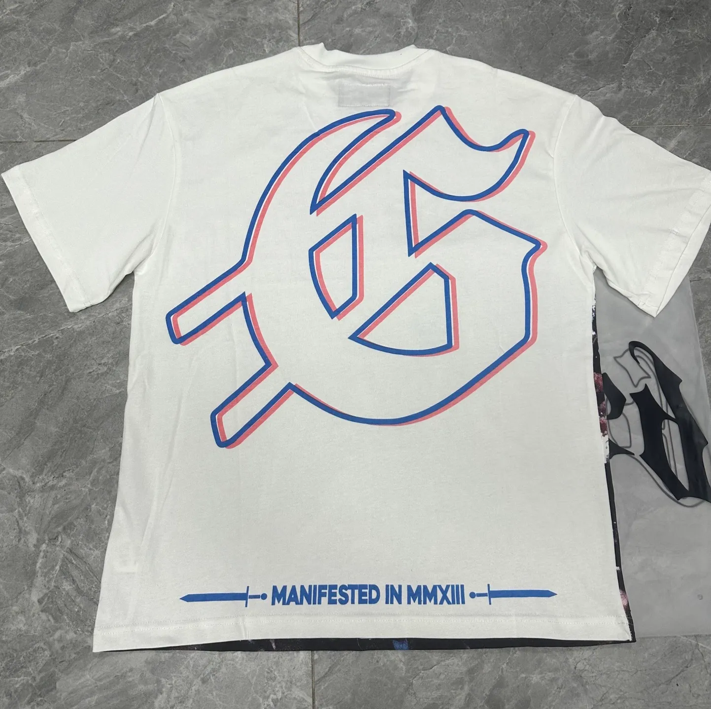 5058#｜P104 Godspeed cross-border American rock and roll street washed retro style short-sleeved T (craft printing) fabric (fabric): 32 count combed double yarn 240 grams weight code number (size): S-M-L-XL color (colour): white