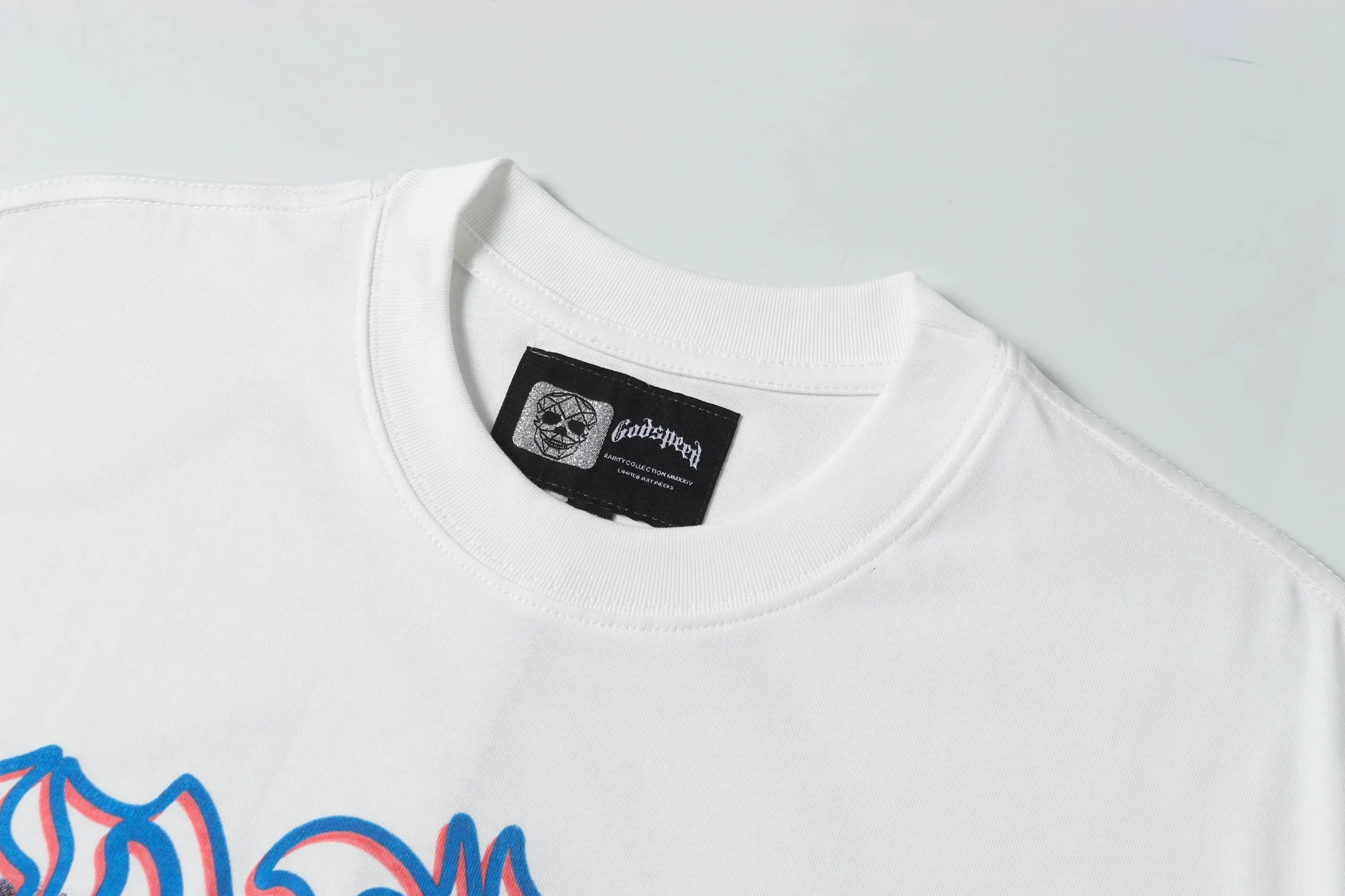 5058#｜P104 Godspeed cross-border American rock and roll street washed retro style short-sleeved T (craft printing) fabric (fabric): 32 count combed double yarn 240 grams weight code number (size): S-M-L-XL color (colour): white