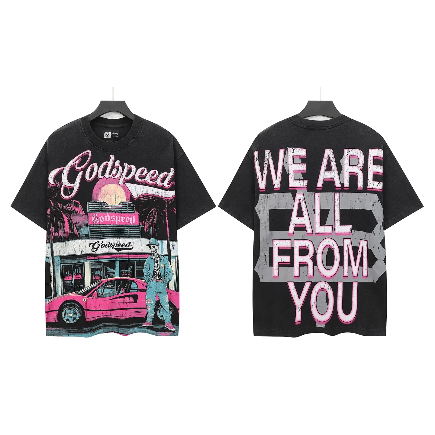 6307# washed retro black｜P116 Real shot in stock (American fashion niche) Godspeed cross-border American rock street washed retro style short-sleeved T (craft printing) Fabric (fabric): 32 counts combed double yarn 250 grams weight Size (size): S-M-L-XL Color (colour): washed black