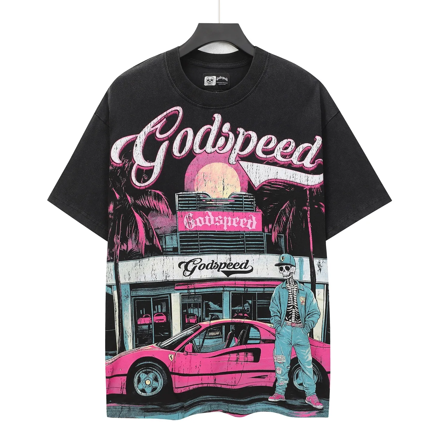 6307# washed retro black｜P116 Real shot in stock (American fashion niche) Godspeed cross-border American rock street washed retro style short-sleeved T (craft printing) Fabric (fabric): 32 counts combed double yarn 250 grams weight Size (size): S-M-L-XL Color (colour): washed black