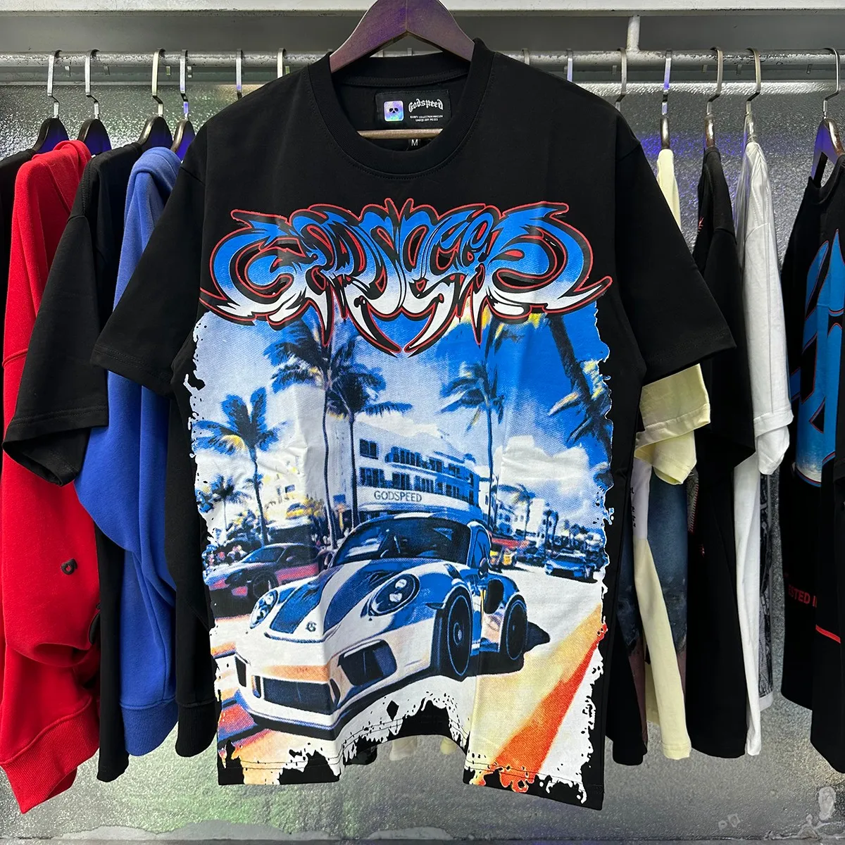 Actual photo, No. 7075, Mechao Godspeed supercar beach road printing high quality double yarn pure cotton casual short-sleeved T-shirt batch 110 Color: black, white, blue; Size: S M L XL