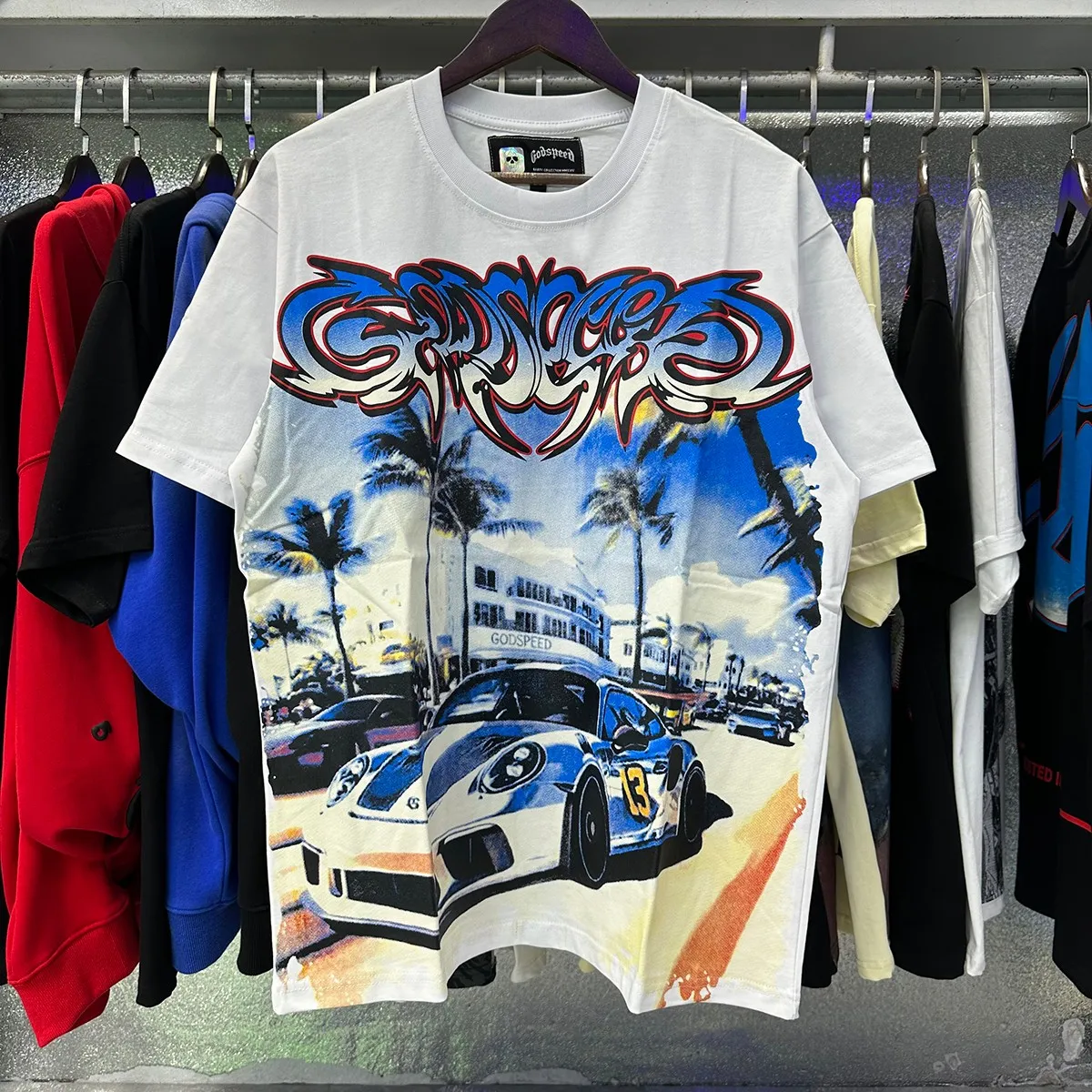 Actual photo, No. 7075, Mechao Godspeed supercar beach road printing high quality double yarn pure cotton casual short-sleeved T-shirt batch 110 Color: black, white, blue; Size: S M L XL