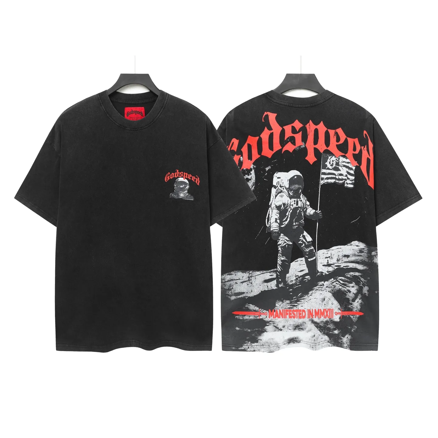 6052#washed black｜P116 Godspeed cross-border American rock and roll street washed retro style short-sleeved T (craft printing) fabric (fabric): 32 count combed double yarn 250g weight code number (size): S-M-L-XL color (colour): washed black