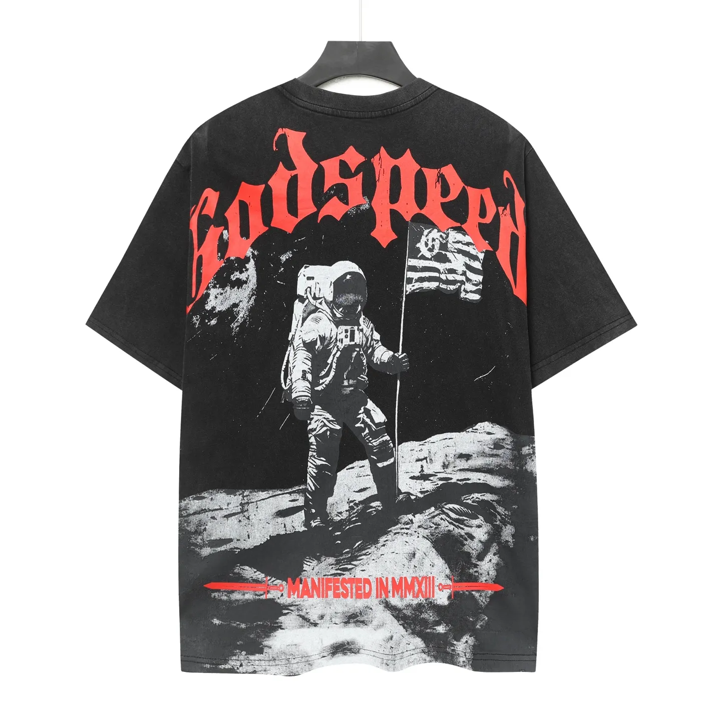 6052#washed black｜P116 Godspeed cross-border American rock and roll street washed retro style short-sleeved T (craft printing) fabric (fabric): 32 count combed double yarn 250g weight code number (size): S-M-L-XL color (colour): washed black