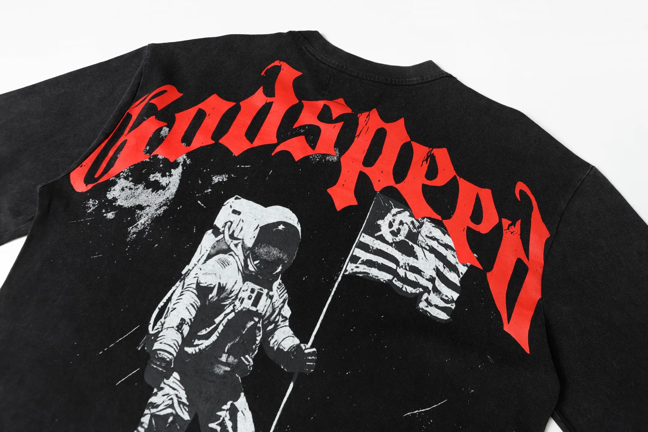 6052#washed black｜P116 Godspeed cross-border American rock and roll street washed retro style short-sleeved T (craft printing) fabric (fabric): 32 count combed double yarn 250g weight code number (size): S-M-L-XL color (colour): washed black