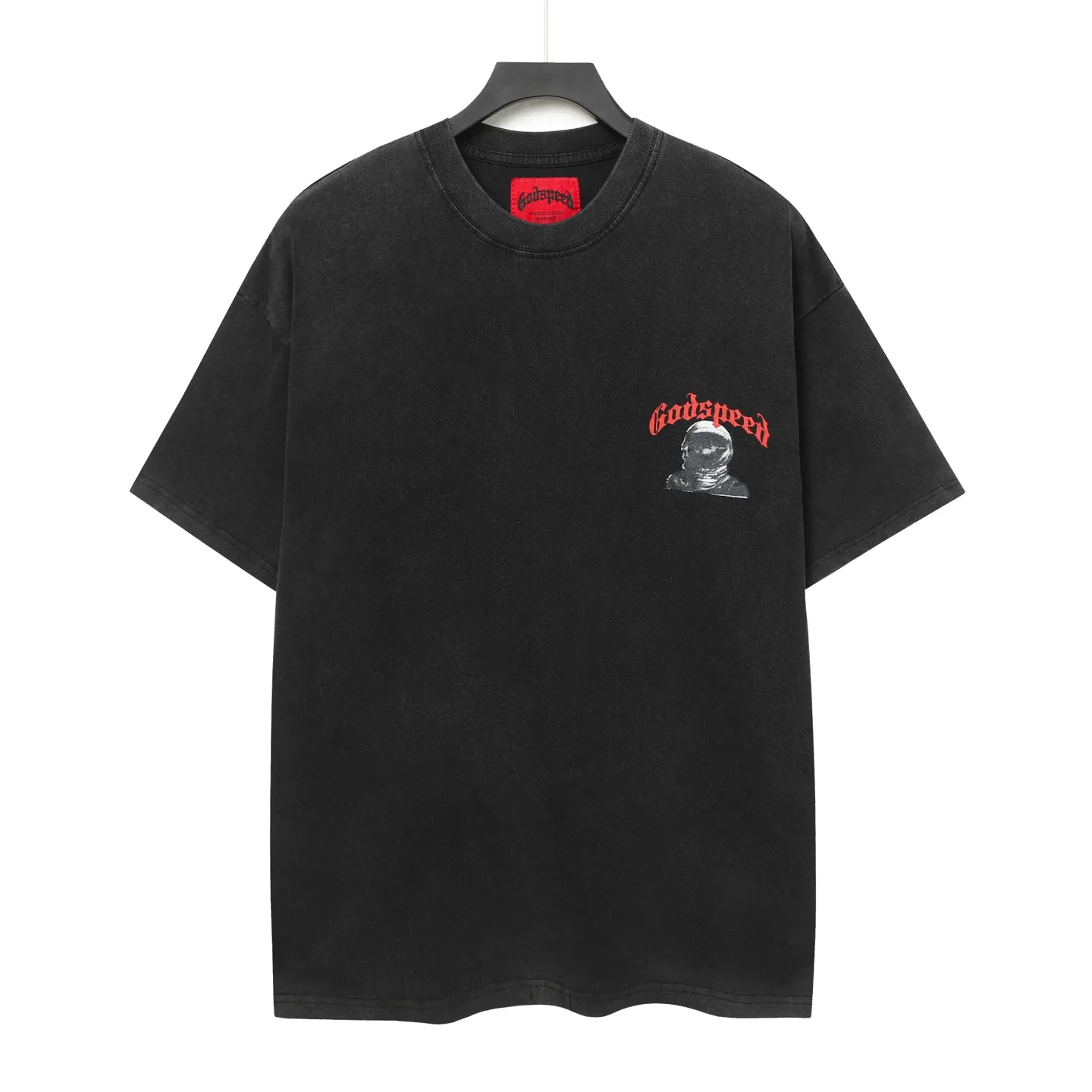 6052#washed black｜P116 Godspeed cross-border American rock and roll street washed retro style short-sleeved T (craft printing) fabric (fabric): 32 count combed double yarn 250g weight code number (size): S-M-L-XL color (colour): washed black