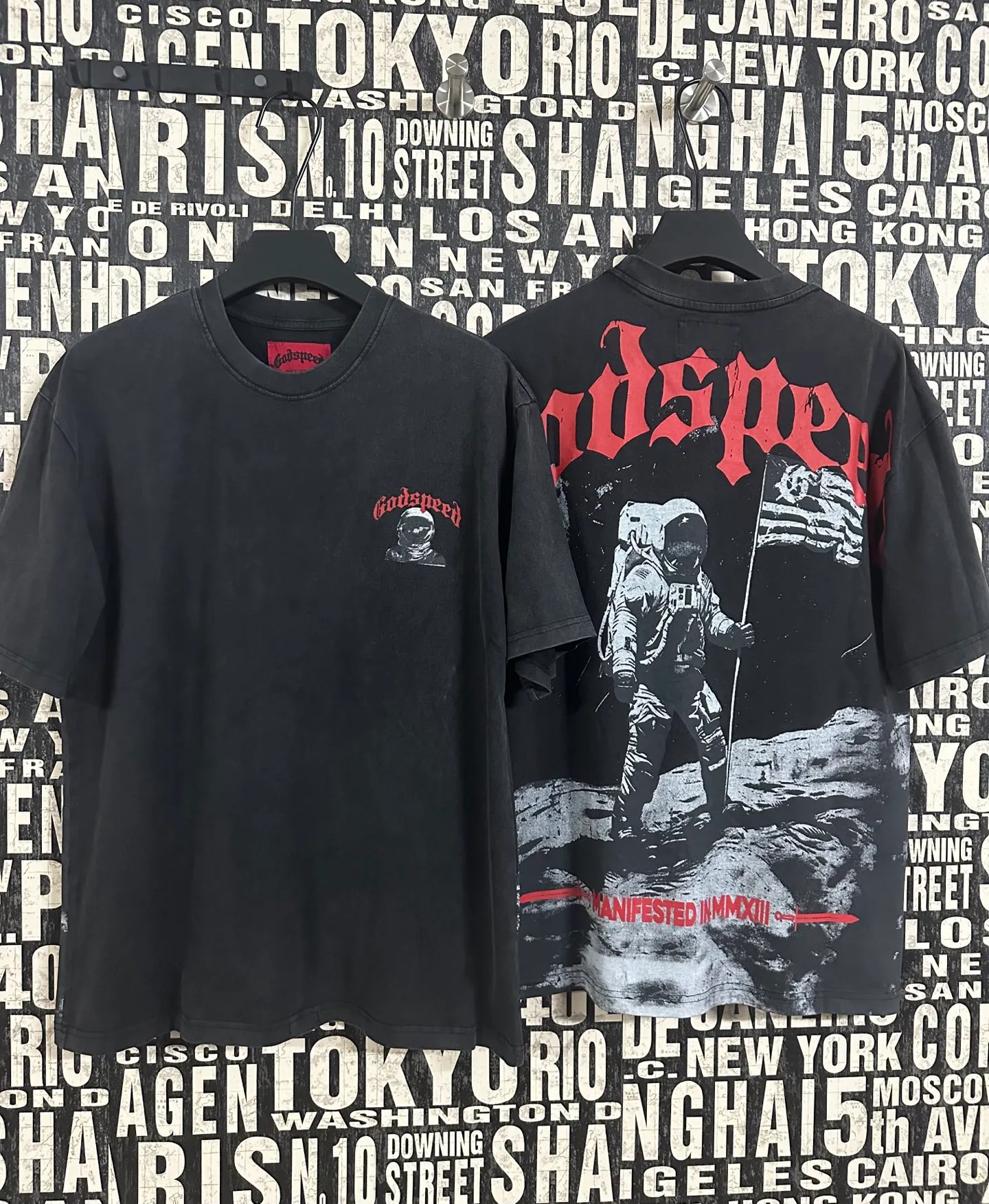 6052#washed black｜P116 Godspeed cross-border American rock and roll street washed retro style short-sleeved T (craft printing) fabric (fabric): 32 count combed double yarn 250g weight code number (size): S-M-L-XL color (colour): washed black