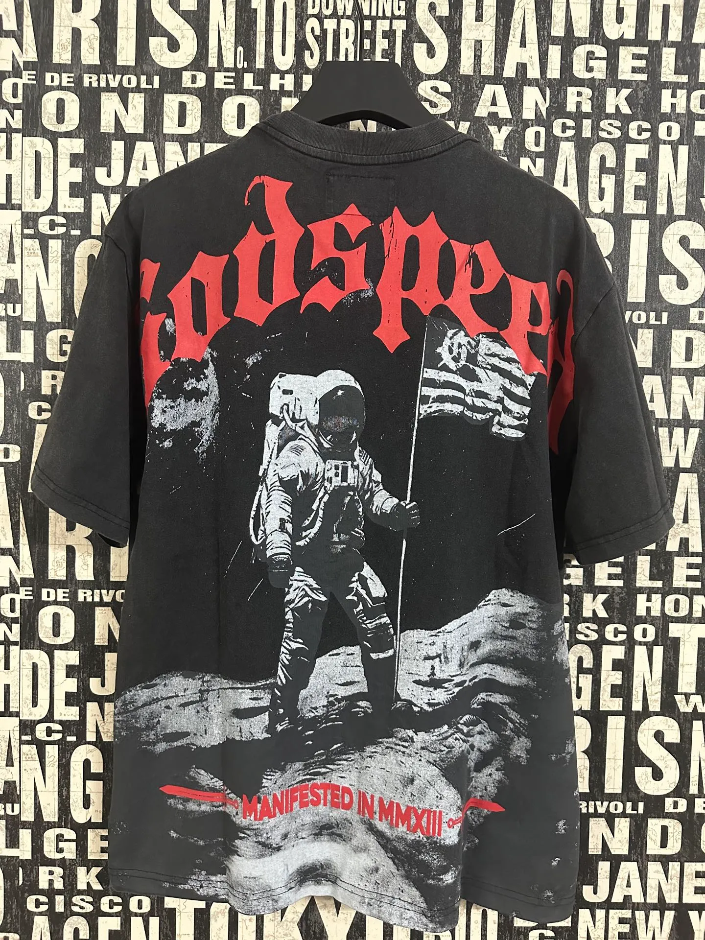6052#washed black｜P116 Godspeed cross-border American rock and roll street washed retro style short-sleeved T (craft printing) fabric (fabric): 32 count combed double yarn 250g weight code number (size): S-M-L-XL color (colour): washed black