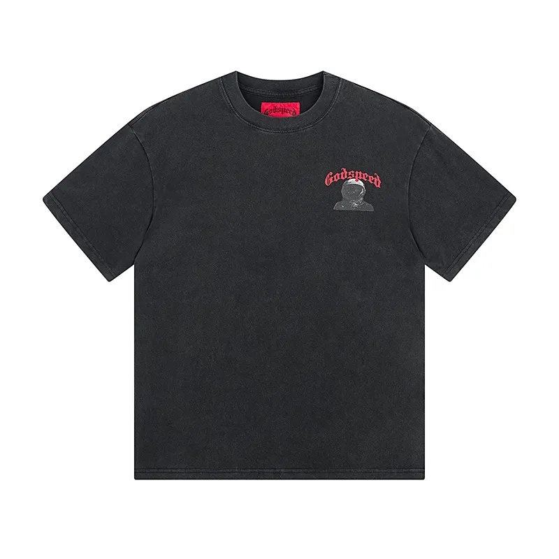 6052#washed black｜P116 Godspeed cross-border American rock and roll street washed retro style short-sleeved T (craft printing) fabric (fabric): 32 count combed double yarn 250g weight code number (size): S-M-L-XL color (colour): washed black