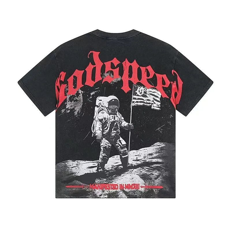 6052#washed black｜P116 Godspeed cross-border American rock and roll street washed retro style short-sleeved T (craft printing) fabric (fabric): 32 count combed double yarn 250g weight code number (size): S-M-L-XL color (colour): washed black