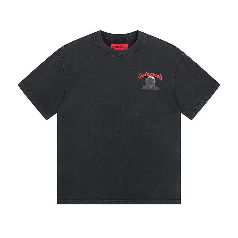 6052#washed black｜P116 Godspeed cross-border American rock and roll street washed retro style short-sleeved T (craft printing) fabric (fabric): 32 count combed double yarn 250g weight code number (size): S-M-L-XL color (colour): washed black
