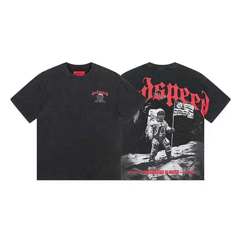 6052#washed black｜P116 Godspeed cross-border American rock and roll street washed retro style short-sleeved T (craft printing) fabric (fabric): 32 count combed double yarn 250g weight code number (size): S-M-L-XL color (colour): washed black