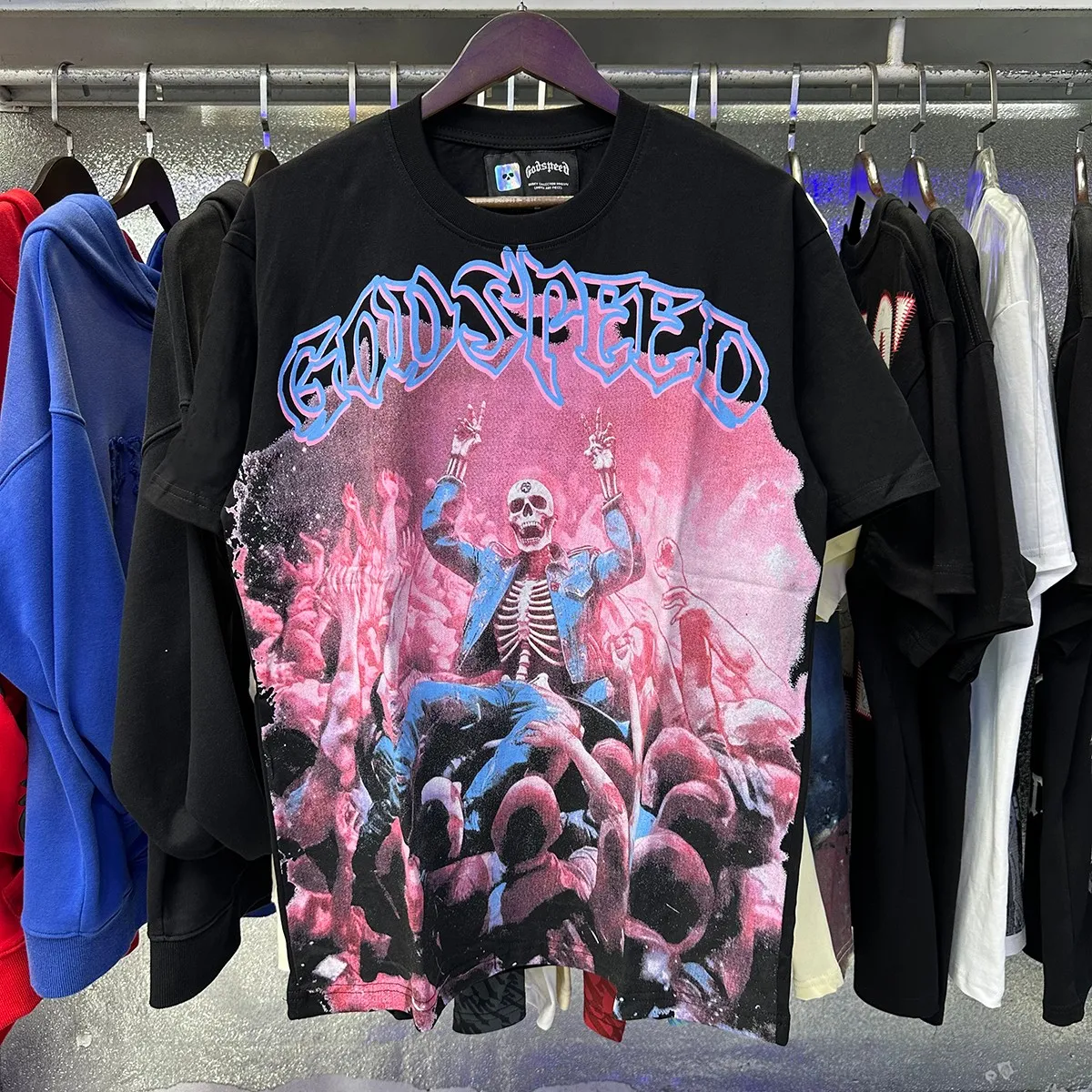 Actual photo, No. 7056, beautiful Godspeed skull crowd printing high quality double yarn pure cotton casual short-sleeved T-shirt batch 110 Color: black, white; Size: S M L XL