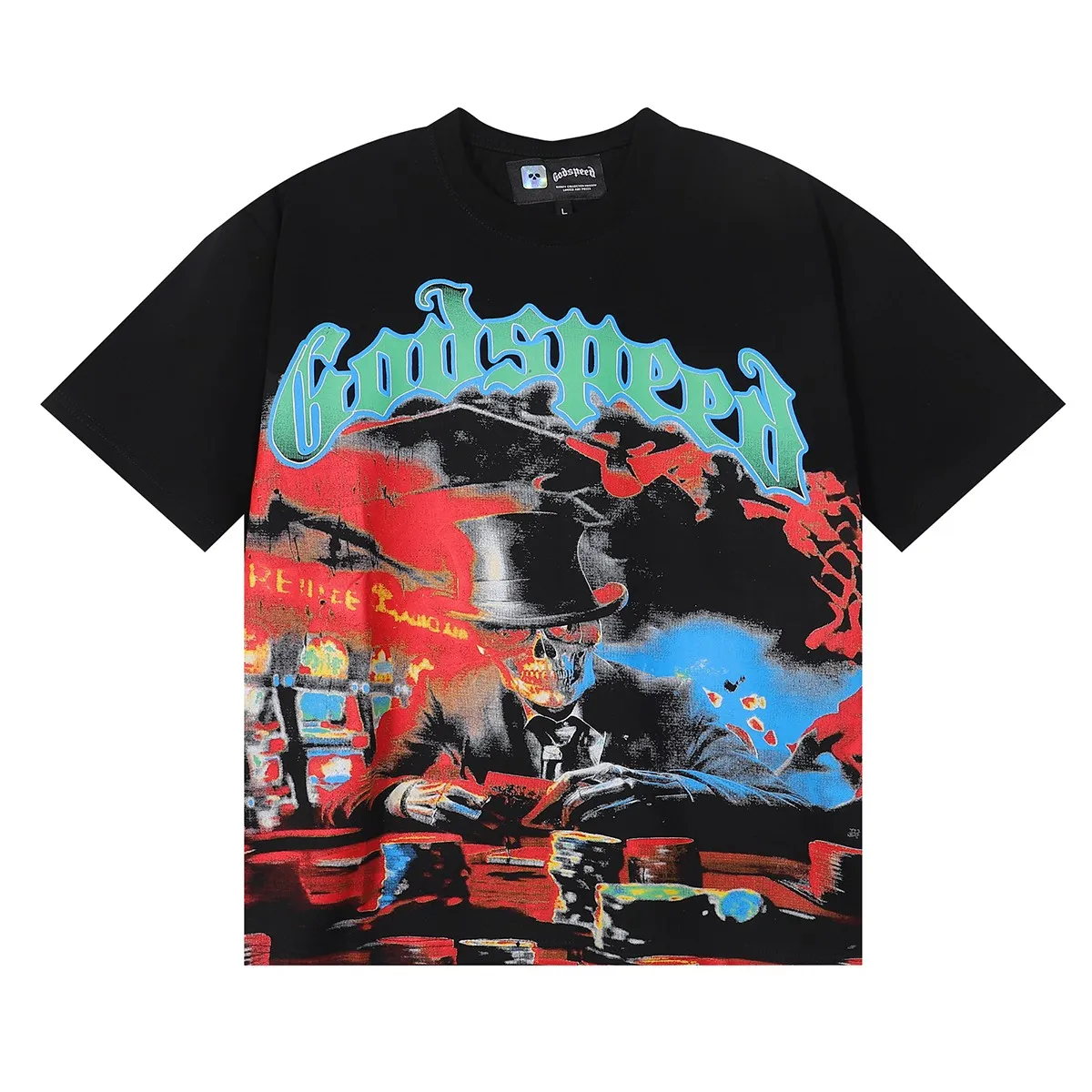 No. 7026, Mechao Godspeed card magician print high quality double yarn pure cotton casual round neck short-sleeved T-shirt batch 110 Color: black, white; Size: S M L XL