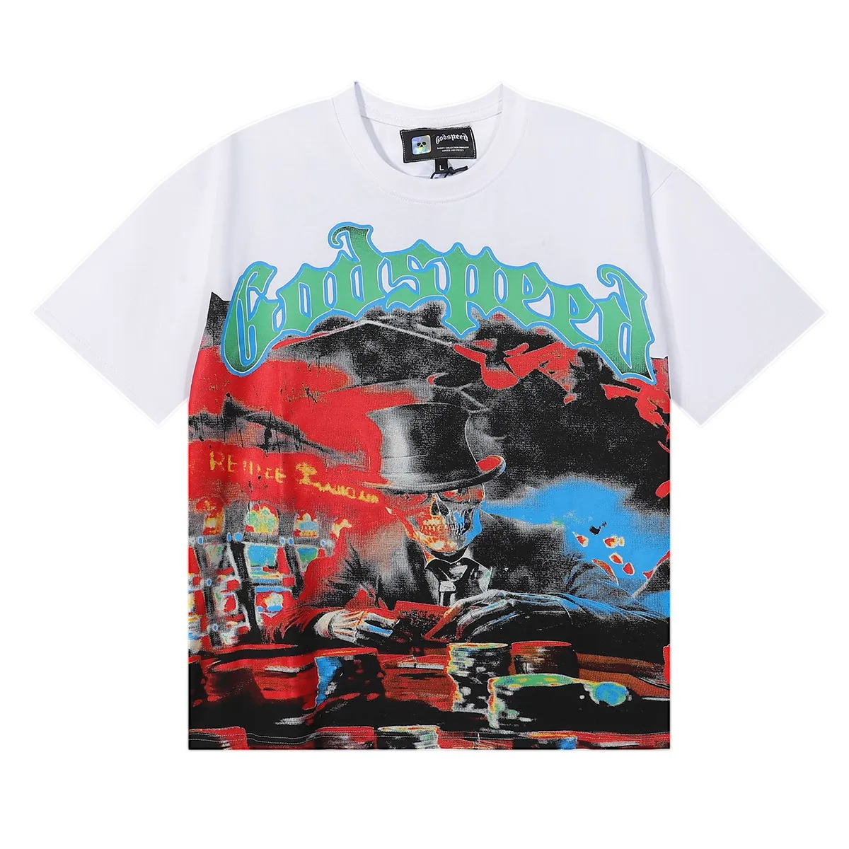 No. 7026, Mechao Godspeed card magician print high quality double yarn pure cotton casual round neck short-sleeved T-shirt batch 110 Color: black, white; Size: S M L XL