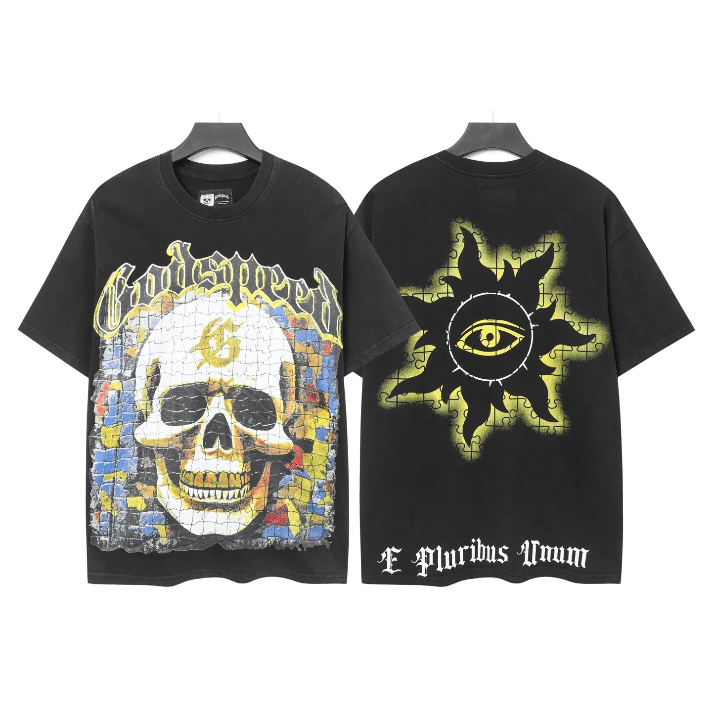 6009#washed black｜P116 Godspeed cross-border American rock and roll street washed retro style short-sleeved T (craft printing) fabric (fabric): 32 count combed double yarn 250g weight size (size): S-M-L-XL color (colour): washed black 👉