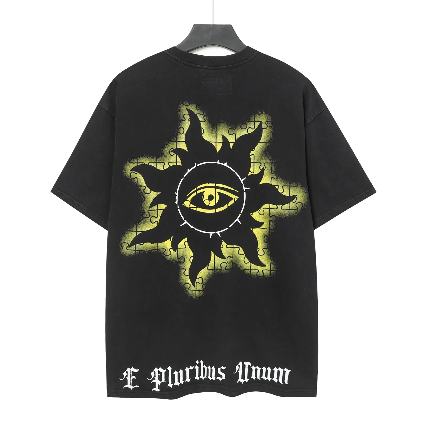 6009#washed black｜P116 Godspeed cross-border American rock and roll street washed retro style short-sleeved T (craft printing) fabric (fabric): 32 count combed double yarn 250g weight size (size): S-M-L-XL color (colour): washed black 👉