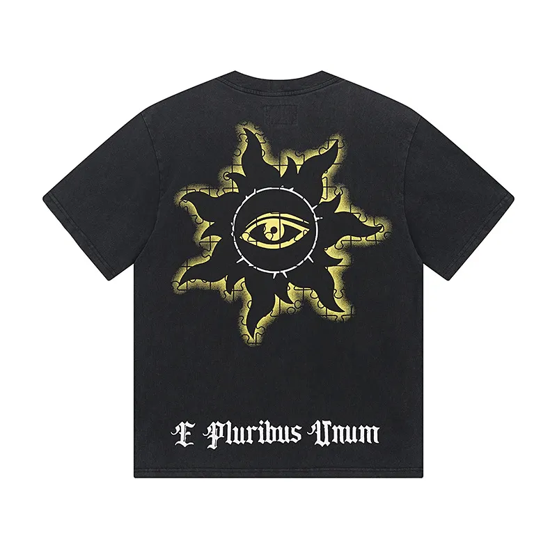 6009#washed black｜P116 Godspeed cross-border American rock and roll street washed retro style short-sleeved T (craft printing) fabric (fabric): 32 count combed double yarn 250g weight size (size): S-M-L-XL color (colour): washed black 👉
