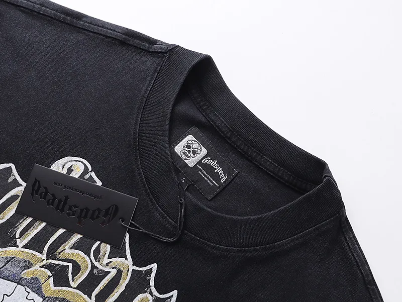 6009#washed black｜P116 Godspeed cross-border American rock and roll street washed retro style short-sleeved T (craft printing) fabric (fabric): 32 count combed double yarn 250g weight size (size): S-M-L-XL color (colour): washed black 👉