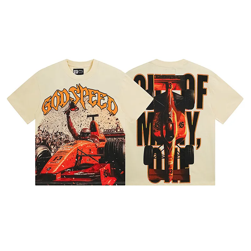 3131# P106 Real shot Godspeed American fashion rock street retro loose printed cotton short sleeves Fabric: 240g 32 count fine cotton double yarn pure cotton Color: apricot Size: S M L XL