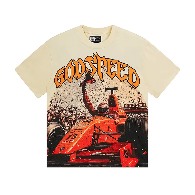 3131# P106 Real shot Godspeed American fashion rock street retro loose printed cotton short sleeves Fabric: 240g 32 count fine cotton double yarn pure cotton Color: apricot Size: S M L XL