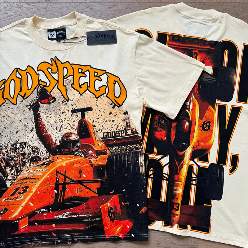 3131# P106 Real shot Godspeed American fashion rock street retro loose printed cotton short sleeves Fabric: 240g 32 count fine cotton double yarn pure cotton Color: apricot Size: S M L XL