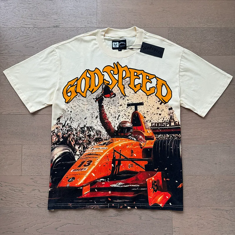3131# P106 Real shot Godspeed American fashion rock street retro loose printed cotton short sleeves Fabric: 240g 32 count fine cotton double yarn pure cotton Color: apricot Size: S M L XL