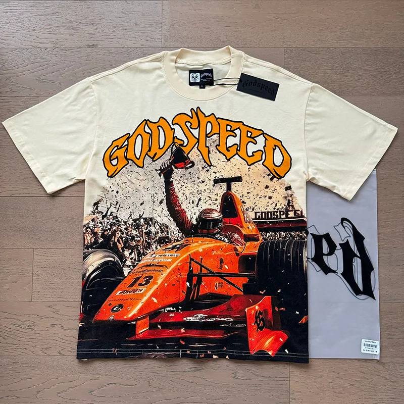 3131# P106 Real shot Godspeed American fashion rock street retro loose printed cotton short sleeves Fabric: 240g 32 count fine cotton double yarn pure cotton Color: apricot Size: S M L XL