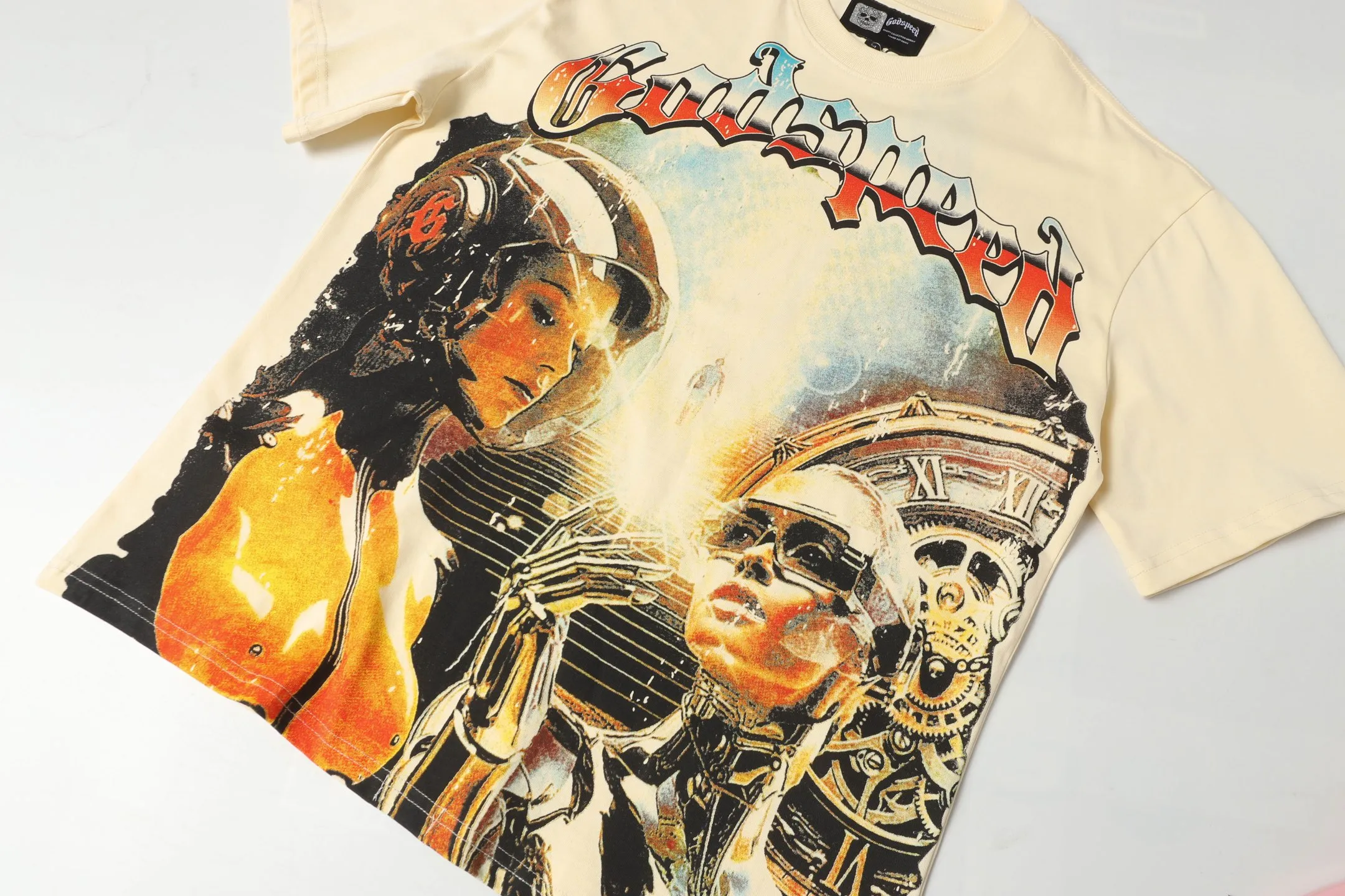 5012# White/Apricot P104 Godspeed cross-border American rock and roll street washed retro style short-sleeved T (craft printing) fabric (fabric): 32 count combed double yarn 240 grams weight code number (size): S-M-L-XL color (colour): white, apricot,