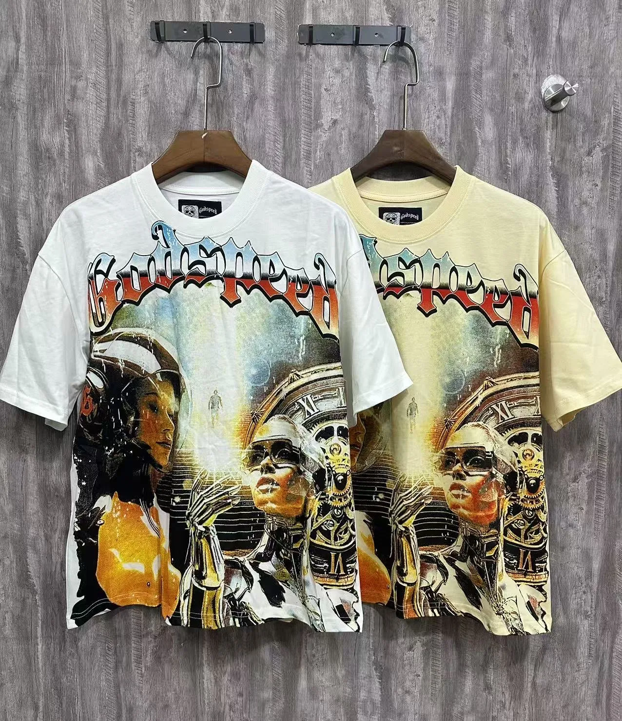 5012# White/Apricot P104 Godspeed cross-border American rock and roll street washed retro style short-sleeved T (craft printing) fabric (fabric): 32 count combed double yarn 240 grams weight code number (size): S-M-L-XL color (colour): white, apricot,