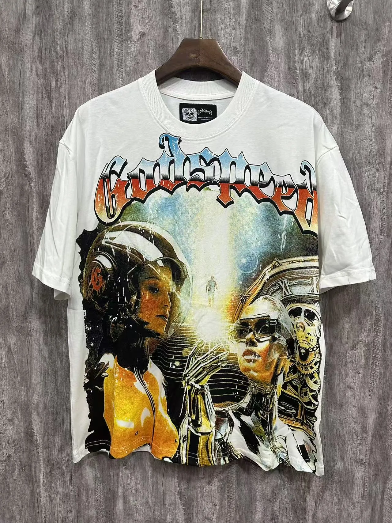 5012# White/Apricot P104 Godspeed cross-border American rock and roll street washed retro style short-sleeved T (craft printing) fabric (fabric): 32 count combed double yarn 240 grams weight code number (size): S-M-L-XL color (colour): white, apricot,