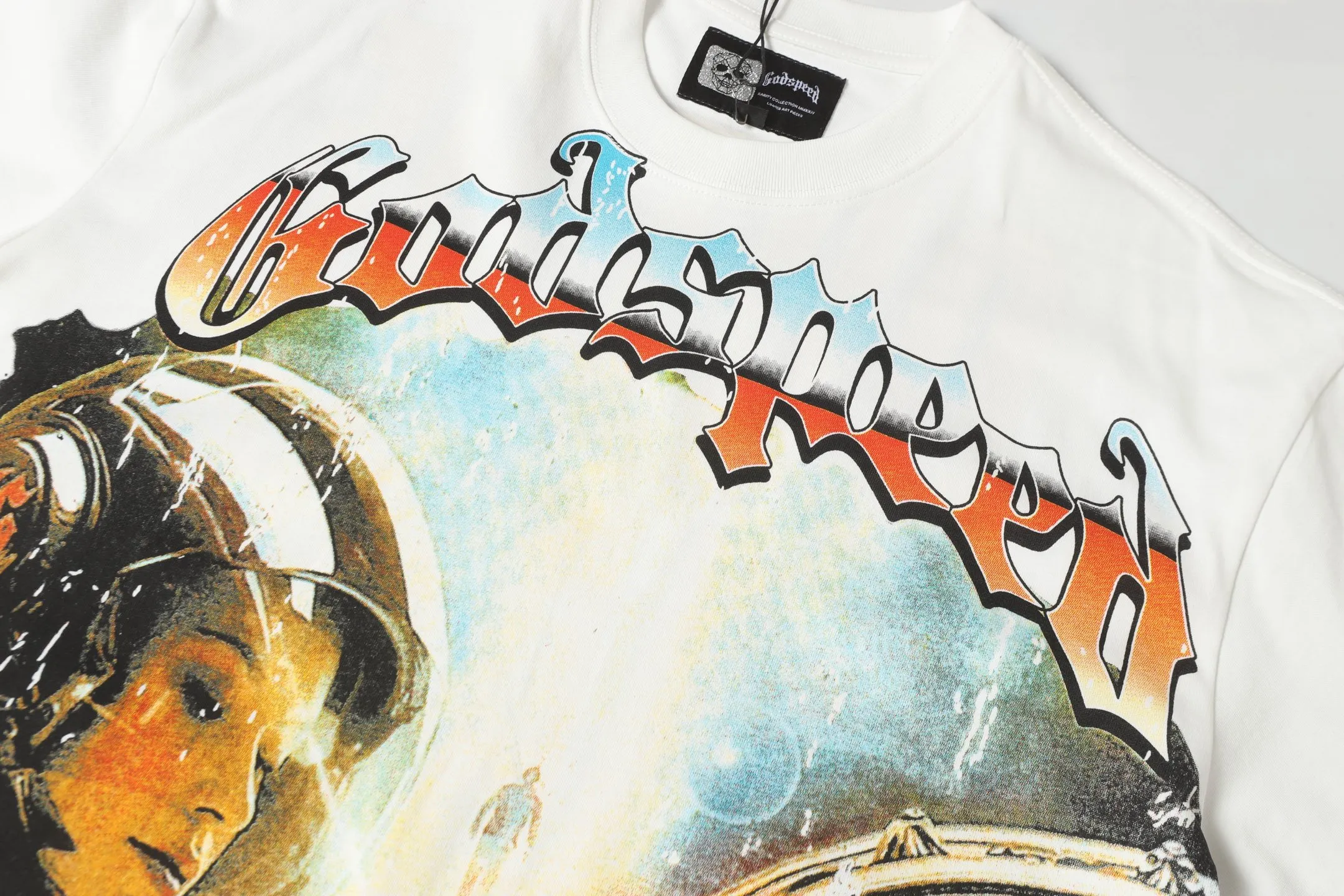 5012# White/Apricot P104 Godspeed cross-border American rock and roll street washed retro style short-sleeved T (craft printing) fabric (fabric): 32 count combed double yarn 240 grams weight code number (size): S-M-L-XL color (colour): white, apricot,