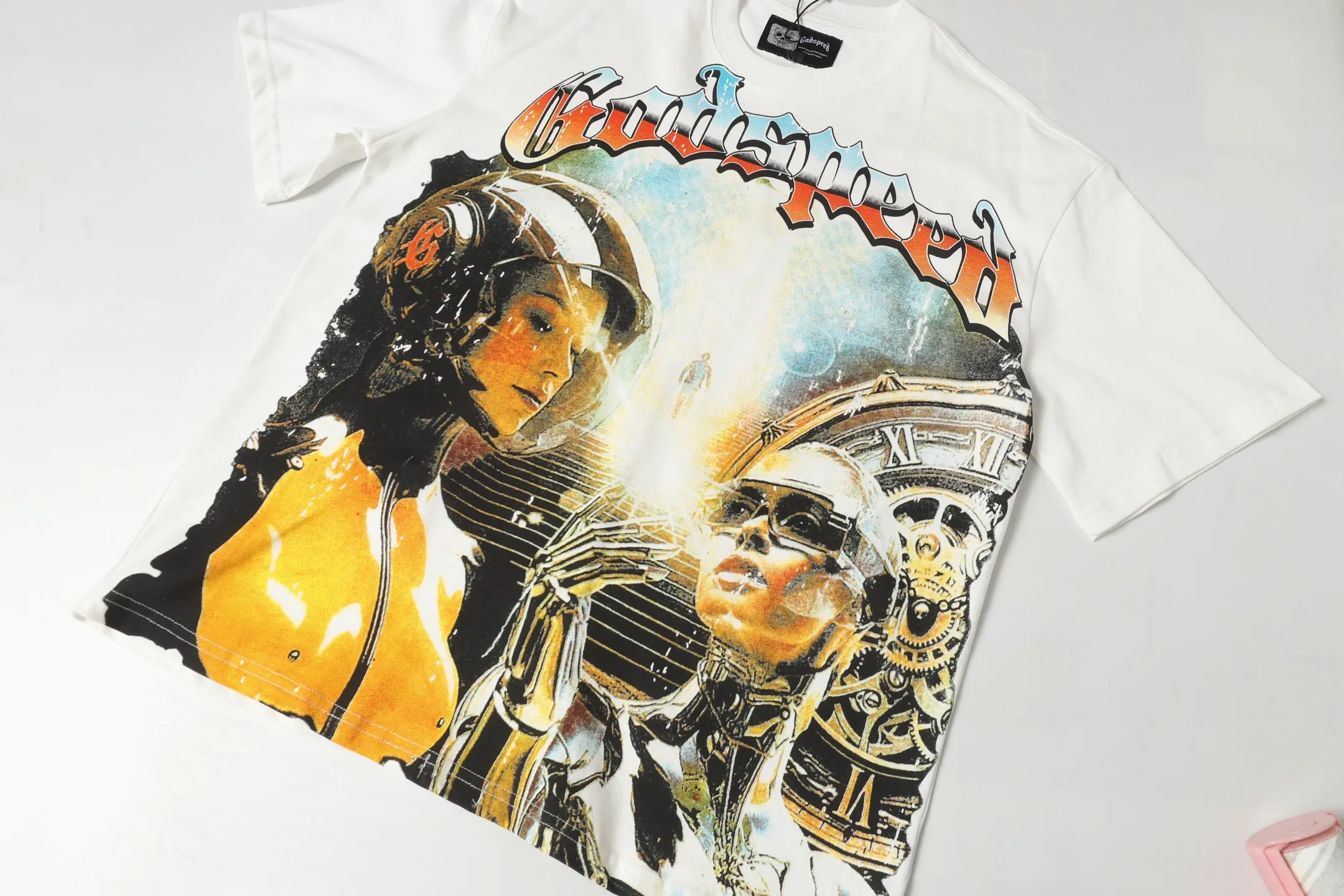 5012# White/Apricot P104 Godspeed cross-border American rock and roll street washed retro style short-sleeved T (craft printing) fabric (fabric): 32 count combed double yarn 240 grams weight code number (size): S-M-L-XL color (colour): white, apricot,