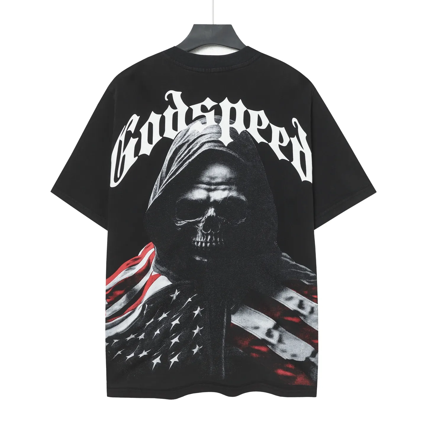 6066#washed black｜P116 Godspeed cross-border American rock and roll street washed retro style short-sleeved T (craft print) fabric (fabric): 32 count combed double yarn 250g weight size (size): S-M-L-XL color (colour): washed black 👉 👉