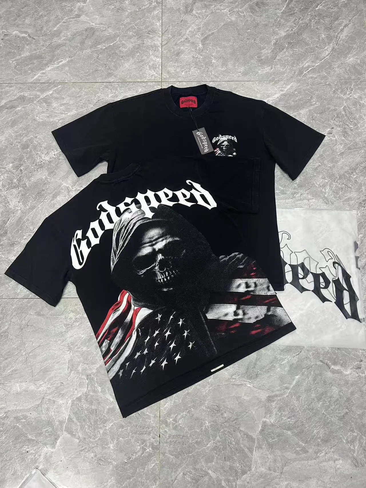6066#washed black｜P116 Godspeed cross-border American rock and roll street washed retro style short-sleeved T (craft print) fabric (fabric): 32 count combed double yarn 250g weight size (size): S-M-L-XL color (colour): washed black 👉 👉