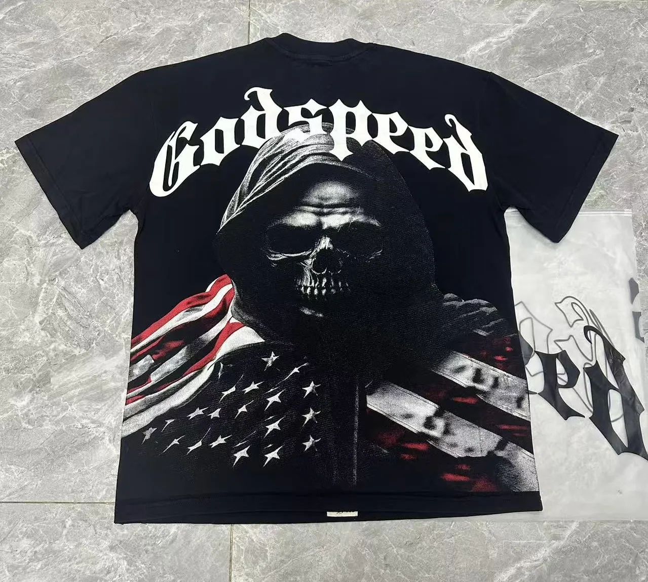 6066#washed black｜P116 Godspeed cross-border American rock and roll street washed retro style short-sleeved T (craft print) fabric (fabric): 32 count combed double yarn 250g weight size (size): S-M-L-XL color (colour): washed black 👉 👉