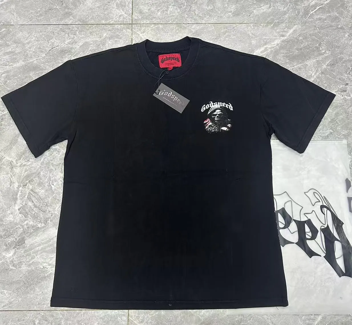 6066#washed black｜P116 Godspeed cross-border American rock and roll street washed retro style short-sleeved T (craft print) fabric (fabric): 32 count combed double yarn 250g weight size (size): S-M-L-XL color (colour): washed black 👉 👉