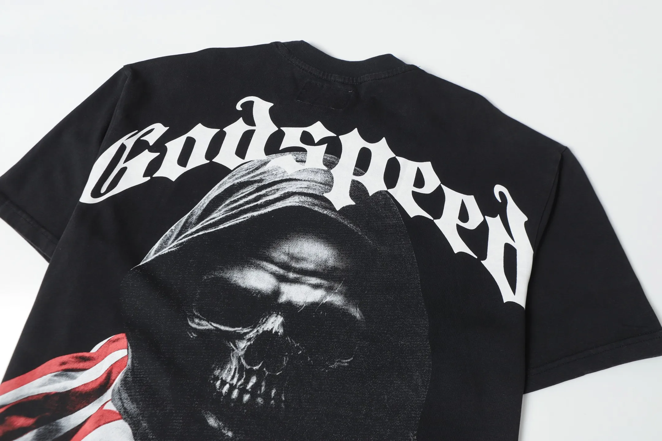 6066#washed black｜P116 Godspeed cross-border American rock and roll street washed retro style short-sleeved T (craft print) fabric (fabric): 32 count combed double yarn 250g weight size (size): S-M-L-XL color (colour): washed black 👉 👉