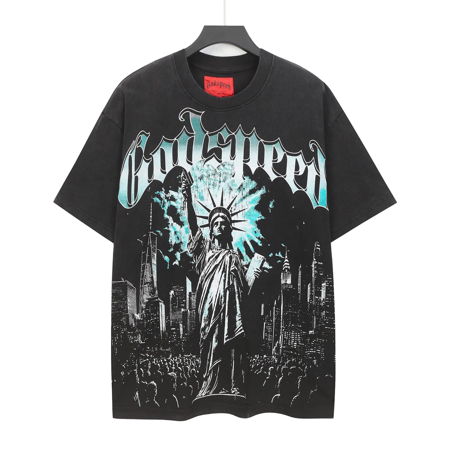 6099#washed black I P116 high-definition printing. soft touch Godspeed cross-border American rock and roll street washed retro style short-sleeved T (craft printing) fabric (fabric): 32 counts combed double yarn 250 grams weight code (size): S-M-L-XL color (colour): washed black 👉 👉 👉 👉