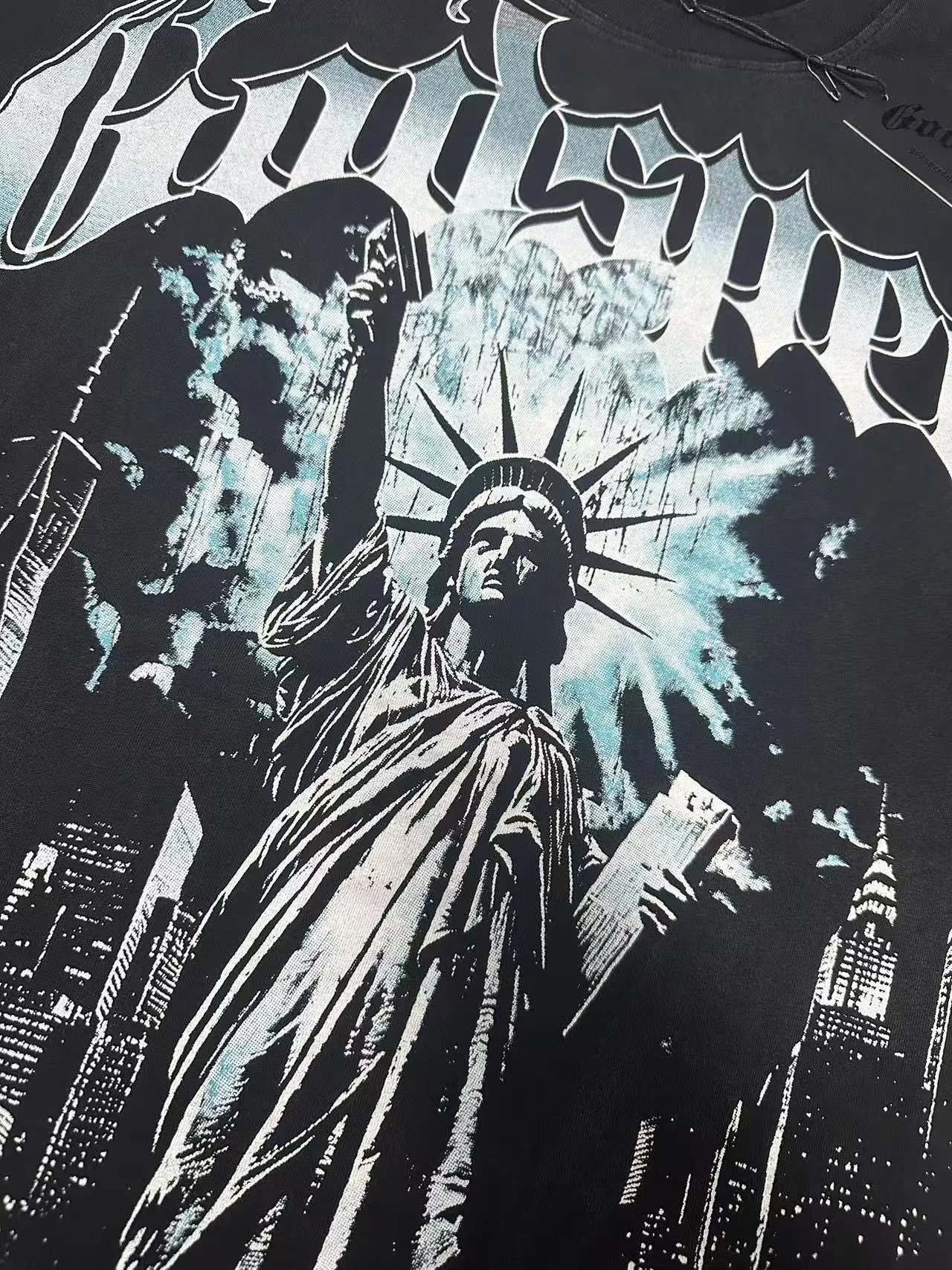 6099#washed black I P116 high-definition printing. soft touch Godspeed cross-border American rock and roll street washed retro style short-sleeved T (craft printing) fabric (fabric): 32 counts combed double yarn 250 grams weight code (size): S-M-L-XL color (colour): washed black 👉 👉 👉 👉