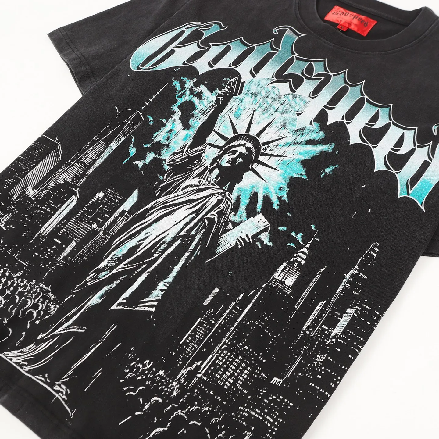 6099#washed black I P116 high-definition printing. soft touch Godspeed cross-border American rock and roll street washed retro style short-sleeved T (craft printing) fabric (fabric): 32 counts combed double yarn 250 grams weight code (size): S-M-L-XL color (colour): washed black 👉 👉 👉 👉