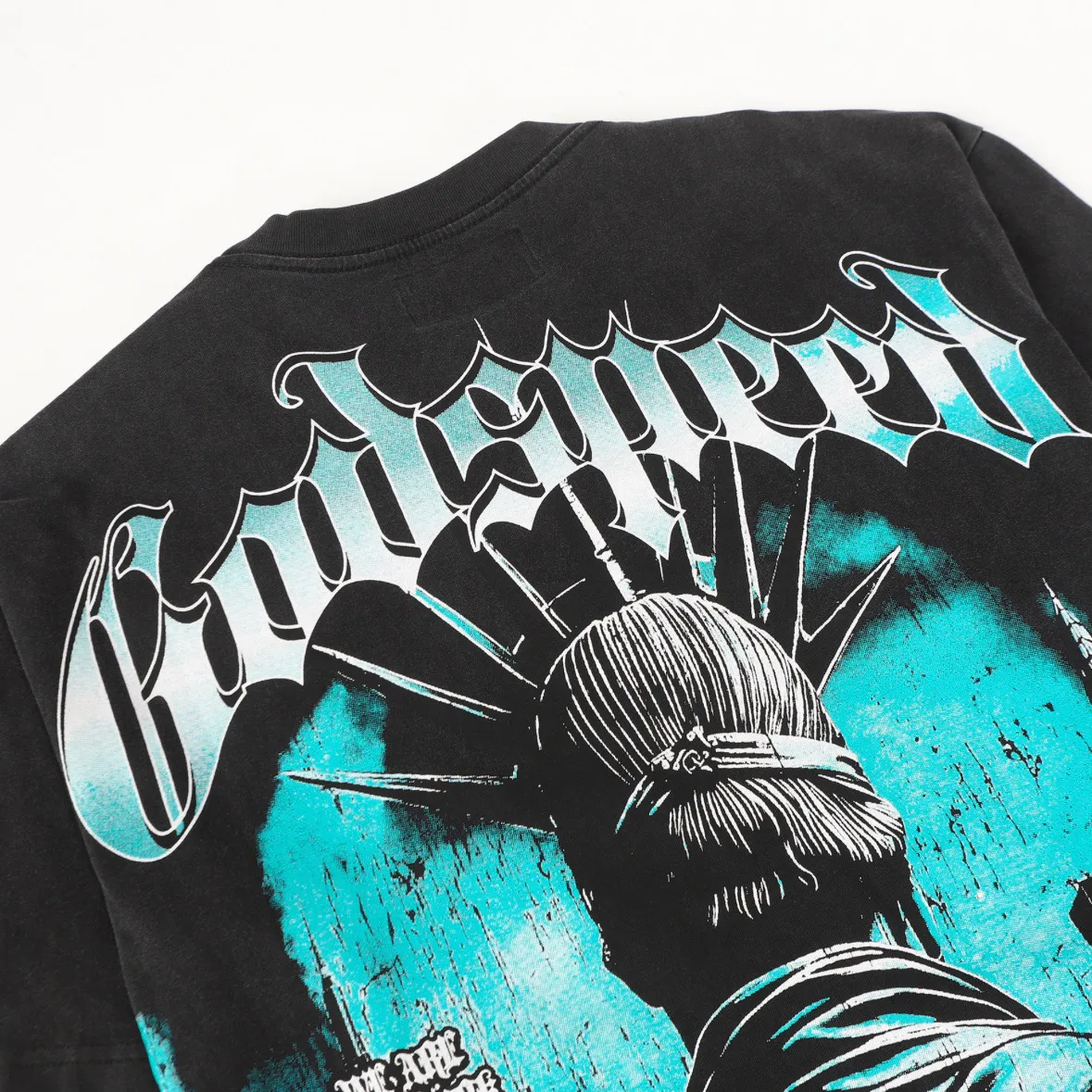 6099#washed black I P116 high-definition printing. soft touch Godspeed cross-border American rock and roll street washed retro style short-sleeved T (craft printing) fabric (fabric): 32 counts combed double yarn 250 grams weight code (size): S-M-L-XL color (colour): washed black 👉 👉 👉 👉