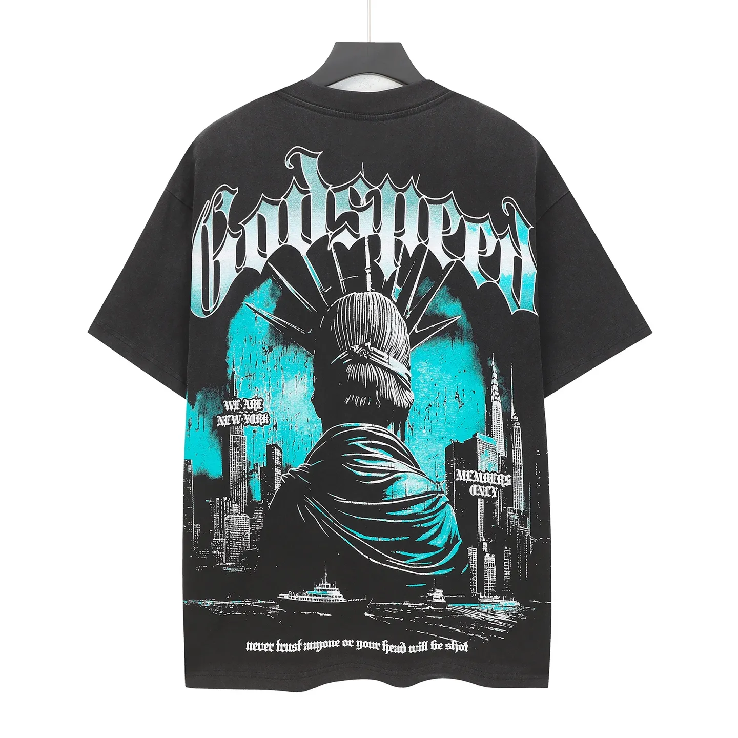6099#washed black I P116 high-definition printing. soft touch Godspeed cross-border American rock and roll street washed retro style short-sleeved T (craft printing) fabric (fabric): 32 counts combed double yarn 250 grams weight code (size): S-M-L-XL color (colour): washed black 👉 👉 👉 👉