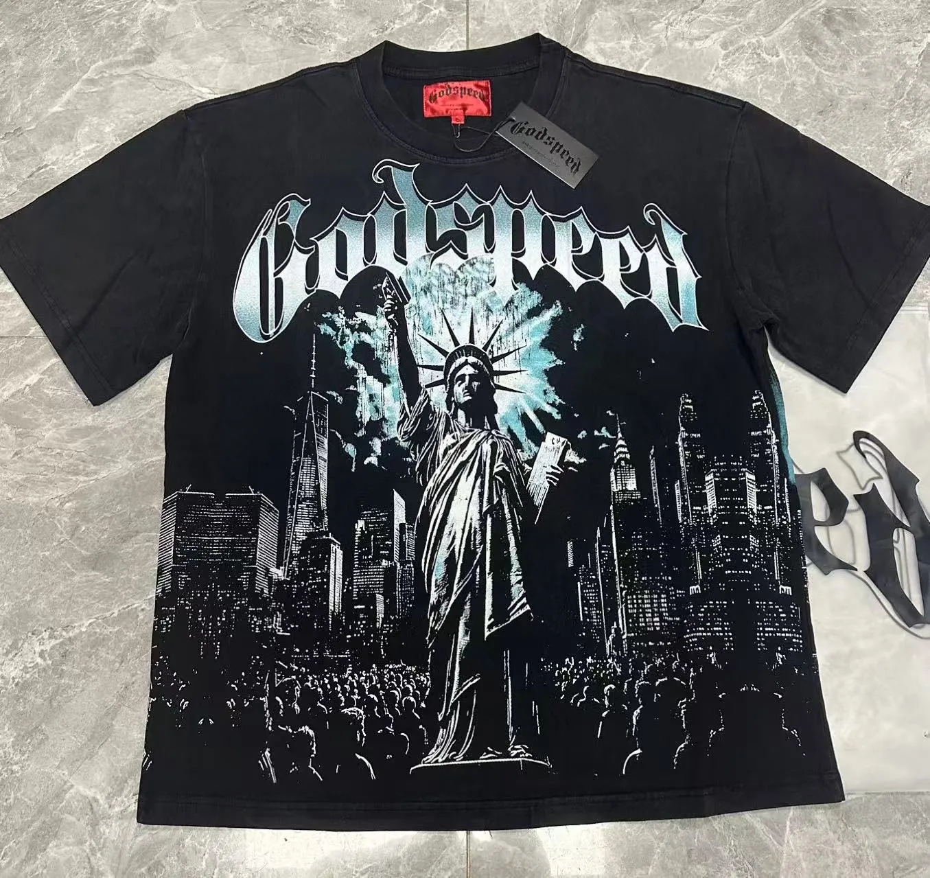 6099#washed black I P116 high-definition printing. soft touch Godspeed cross-border American rock and roll street washed retro style short-sleeved T (craft printing) fabric (fabric): 32 counts combed double yarn 250 grams weight code (size): S-M-L-XL color (colour): washed black 👉 👉 👉 👉