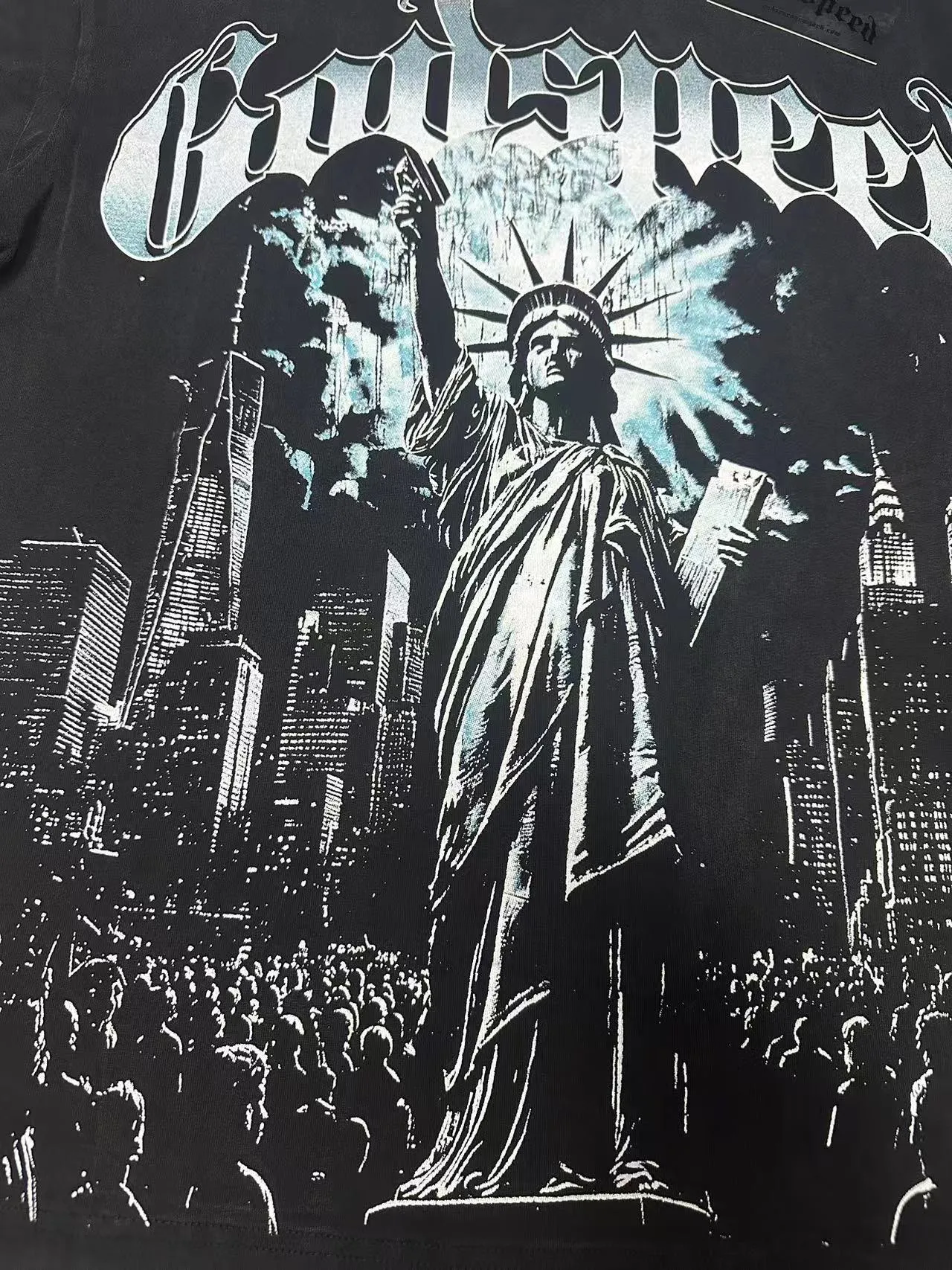 6099#washed black I P116 high-definition printing. soft touch Godspeed cross-border American rock and roll street washed retro style short-sleeved T (craft printing) fabric (fabric): 32 counts combed double yarn 250 grams weight code (size): S-M-L-XL color (colour): washed black 👉 👉 👉 👉