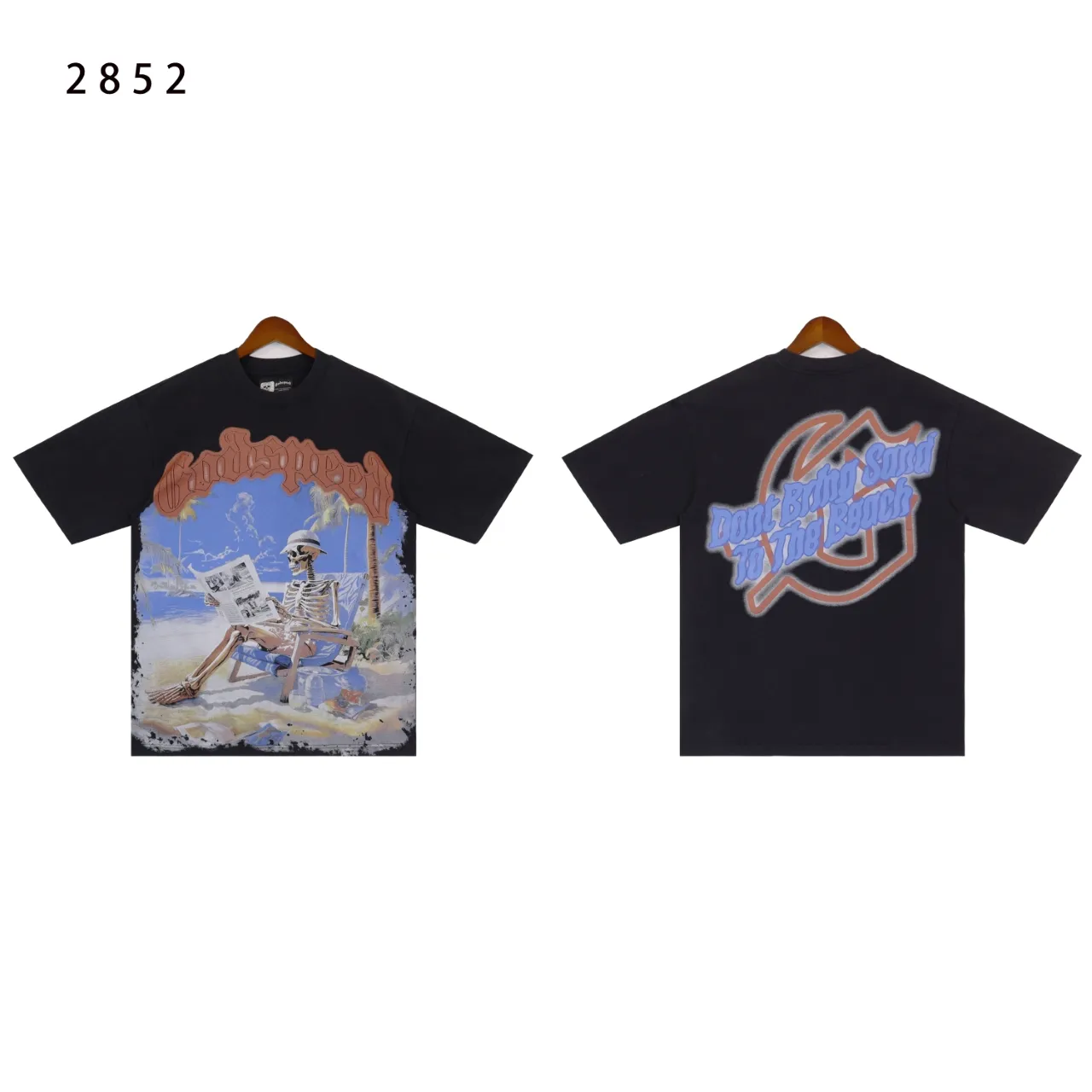 Style No.: 2852 Fabric: 230g washed P126 Real shot, spot beauty and trendy Godspeed skull print washed and distressed high quality double yarn casual round neck short-sleeved T-shirt for men and women Color; washed black Size: S M L XL