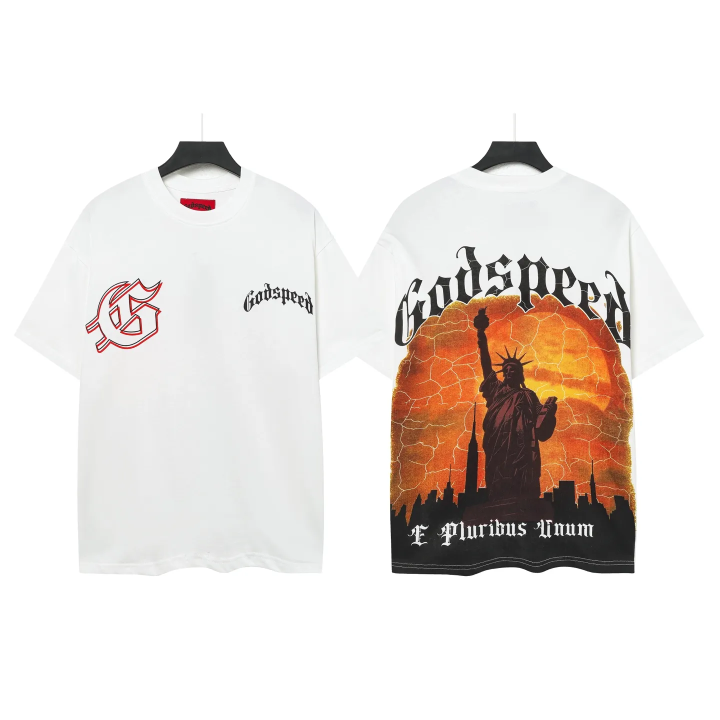 52💰5053#White Godspeed cross-border American rock and roll street washed retro style short-sleeved T (craft printing) fabric (fabric): 32 counts combed double yarn 240 grams weight code number (size): S-M-L-XL color (colour): white
